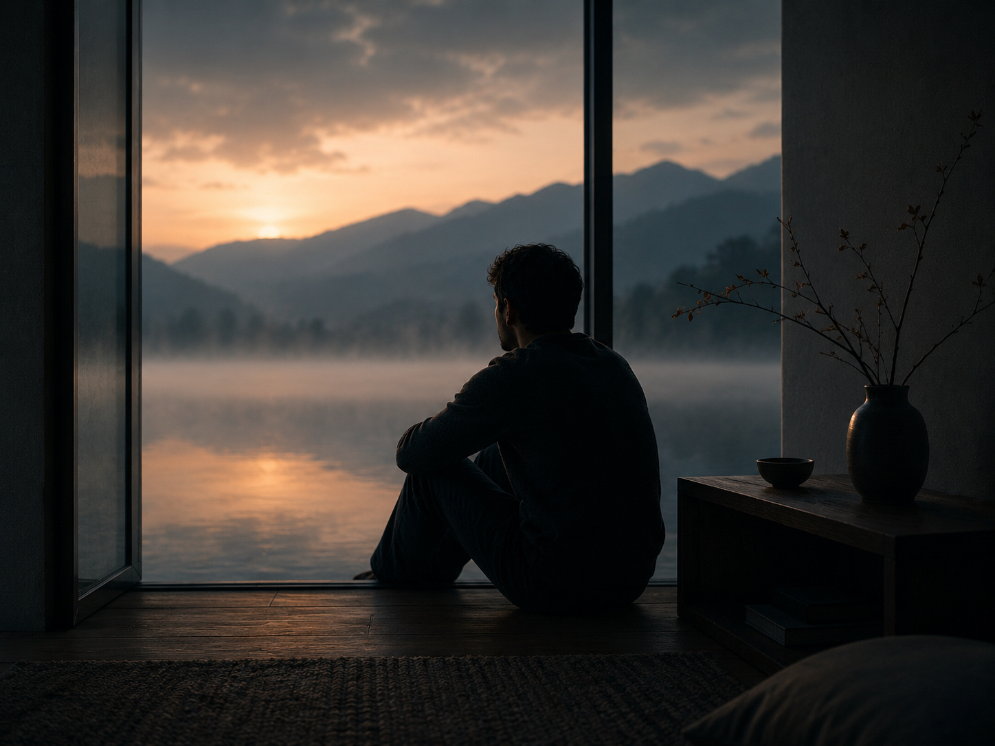 Figura seduta in silenzio davanti a una finestra affacciata su lago e montagne al tramonto